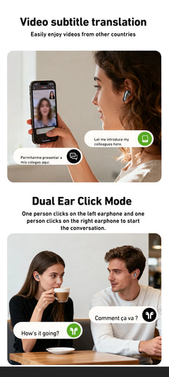 Advertisement for video subtitle translation and dual ear click mode feature.