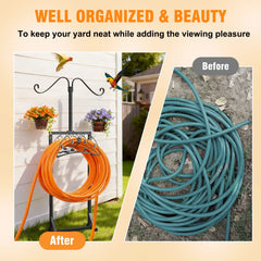 Garden hose stand with coiled orange hose, before and after comparison on a beige background.