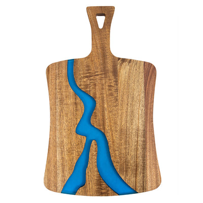 A wooden cutting board with a natural wood grain finish and a bright blue river-like inlay running vertically through the center, shown on a plain white background.