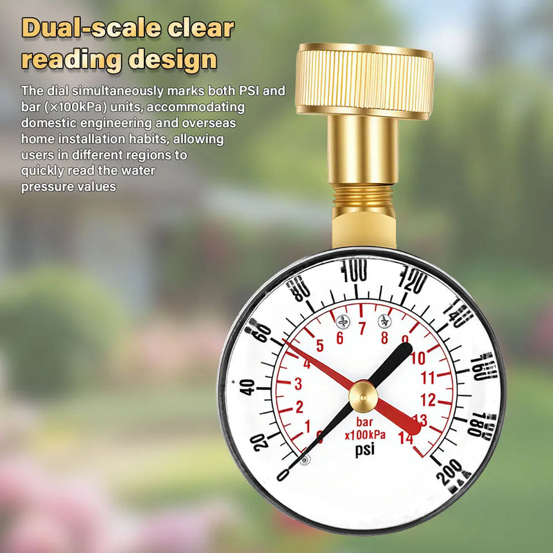 A brass dual-scale water pressure gauge with a white dial face, black bezel, red needle indicators, and a gold adjustment knob. The image includes marketing text on the left side reading 'Dual-scale clear reading design' with a blurred outdoor background.