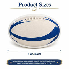 Product sizes diagram showing a white and blue rugby ball with a dimension label of 16in/40cm and a note about manual measurement and elasticity.