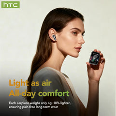 Woman wearing wireless earbuds with HTC branding, holding a device, on a light background.