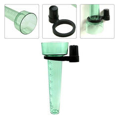 A translucent light green plastic measuring cup or funnel with a black clamp and cap, shown on a white background with three inset detail views at the top.