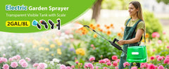 A woman in a garden sprayer backpack sprayer, holding a long-handled wand and spraying flowers in a colorful garden. The product is a green transparent visible tank backpack sprayer with a scale display, shown in a lifestyle setting.