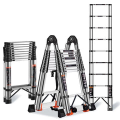 A telescoping aluminum extension ladder shown in multiple configurations on a clean white background, including fully extended A-frame, folded, and as a portable step ladder.
