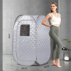 Woman standing next to a portable steam room with dimensions indicated