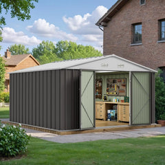 Metal storage shed with open doors showing tools and equipment, located in a garden setting.