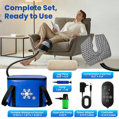 A complete cold plunge set shown with a reclining man reading in an armchair, large inflatable cold pads, a blue portable waterproof bucket, pump, controller, and cables, with text labels on a white background.