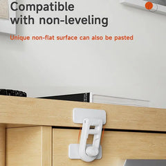 White cabinet lock on a wooden cabinet with text about compatibility with non-leveling surfaces.