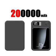 Black portable power bank with digital display and '200000 mAh' text on a white background