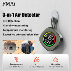 A 3-in-1 air detector by FMAi, featuring a square digital display showing CO, humidity, and temperature readings, with a green hanging loop. The image includes text detailing its features (CO detection, humidity monitoring, temperature monitoring, excessive concentration alarm) and two small inset images demonstrating its use.