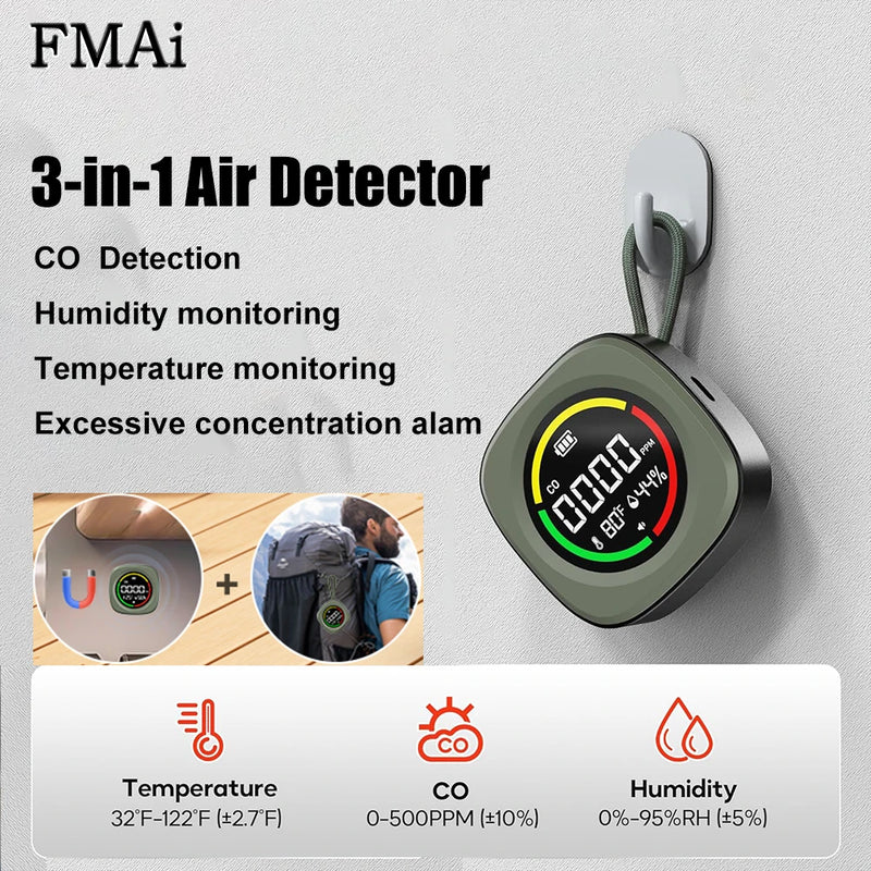 A 3-in-1 air detector by FMAi, featuring a square digital display showing CO, humidity, and temperature readings, with a green hanging loop. The image includes text detailing its features (CO detection, humidity monitoring, temperature monitoring, excessive concentration alarm) and two small inset images demonstrating its use.