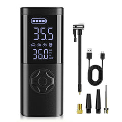 A black portable electric air pump with a digital display screen showing pressure levels, shown alongside its accessories including a USB charging cable, a manual pump attachment, and three nozzle tips on a plain white background.