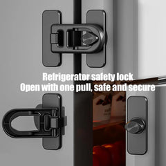 Refrigerator safety lock mechanism with text on a gray background