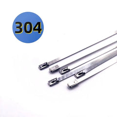 Four long, thin metallic zip ties with silver stainless steel ends, arranged diagonally on a white background. A blue circular graphic in the top-left corner displays the text '304' in black with a yellow outline.