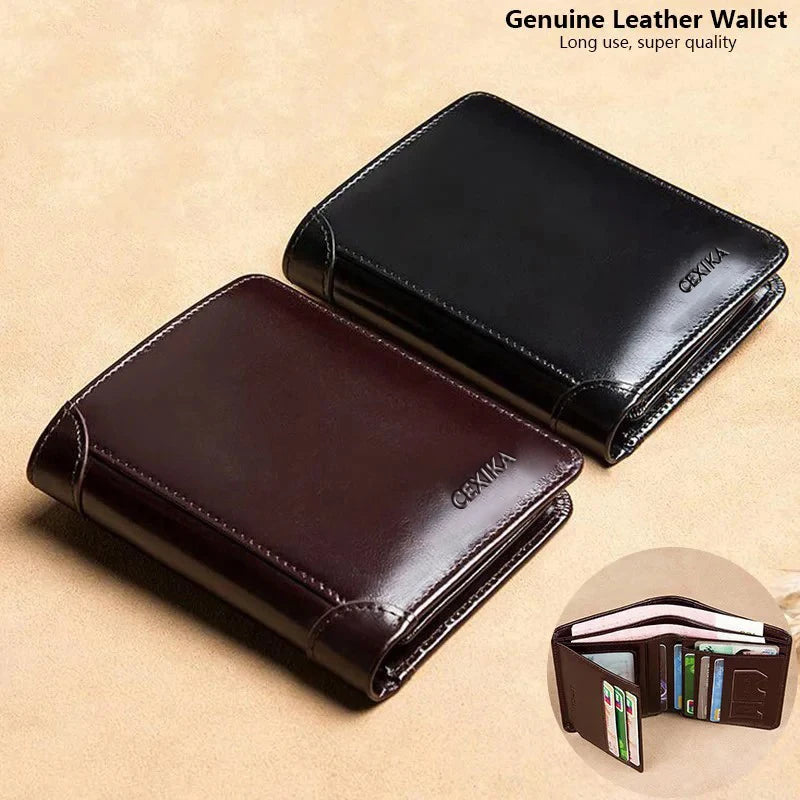 Men's RFID Blocking Genuine Leather Trifold Wallet — Coffee & Black