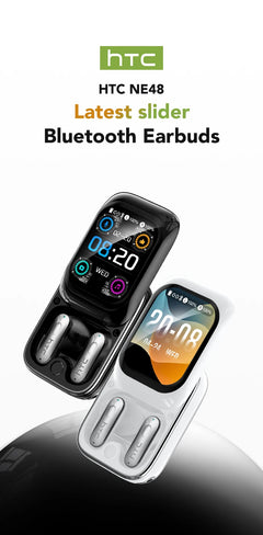 HTC NE48 Bluetooth earbuds with charging case on a white background
