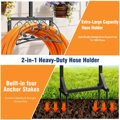 Heavy-duty hose holder with hose and anchor stakes, featuring text on capacity and features.