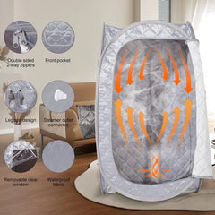 Portable steam room with features highlighted on a neutral background