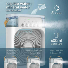 Air humidifier with water tank and mist output features on a blue background