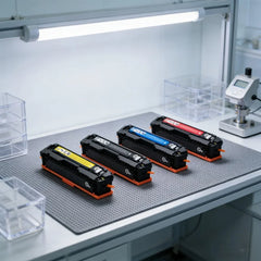 Four toner cartridges in yellow, black, blue, and red with orange bases, arranged on a gray textured mat on a white workbench with a microscope and storage bins in the background.
