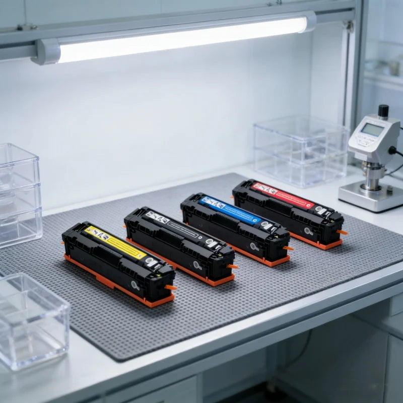 Four toner cartridges in yellow, black, blue, and red with orange bases, arranged on a gray textured mat on a white workbench with a microscope and storage bins in the background.