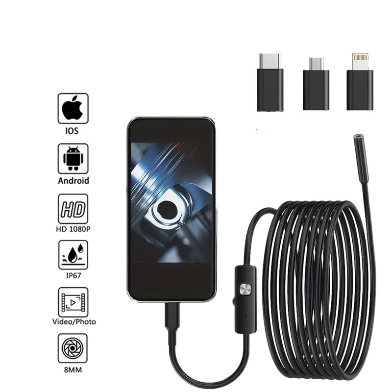 Endoscope with compatibility icons for various phone types on a white background
