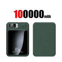 Green power bank with digital display showing 10000mAh capacity on a white background