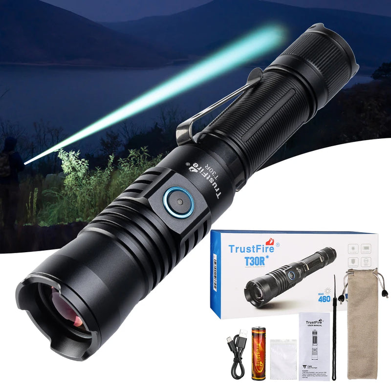TrustFire T30R flashlight with packaging and accessories on a dark background