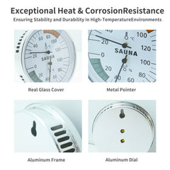 Product features with text 'Exceptional Heat & Corrosion Resistance' and images of a gauge with real glass cover, metal pointer, aluminum frame, and aluminum dial.