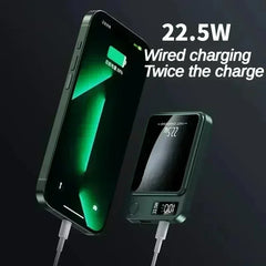 Smartphone and charging device with '22.5W Wired charging Twice the charge' text on a dark background