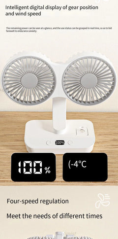 Double Head Desktop Oscillating Fan USB Rechargeable 4000mAh Battery Powered Portable Automatic Rotating Table Fan 4 Gear Wind