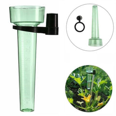 A translucent light green plastic rain gauge with black metal bracket hardware, shown on a white background with two circular inset images: one showing a close-up of the top cap/hardware and one showing the gauge installed in a garden.