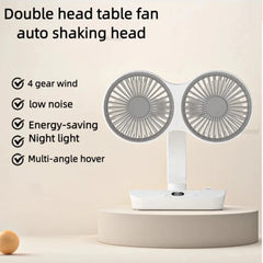 Double head table fan with features listed on a beige background