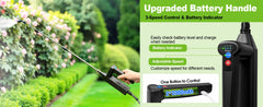 An advertisement for an upgraded electric hedge trimmer battery handle. The left side shows a hand holding the black battery-operated wand with a long arm, trimming a green hedge in a garden.