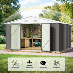 Metal storage shed with open doors showing organized tools and furniture, surrounded by greenery.