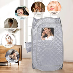 Portable steam sauna tent with images of its benefits on a white background