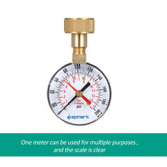 A brass and stainless steel pressure gauge with a white dial face, black and red markings, and a brass adjustment cap, shown on a white background with a green text banner at the bottom.