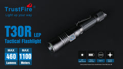 TrustFire T30R LEP Tactical Flashlight on a black background with product details.