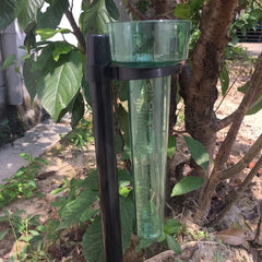 A clear green plastic rain gauge with measurement markings, mounted on a black metal stake outdoors among trees and plants.