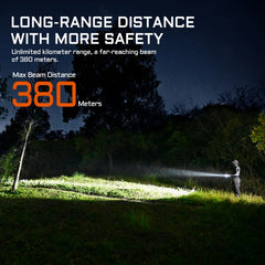Person using a flashlight with text highlighting long-range distance and safety features.