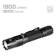 Black flashlight with specifications on a white background