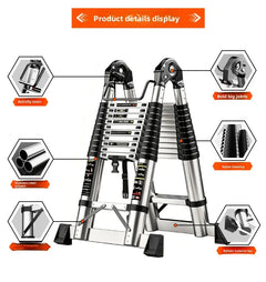 A silver and black step ladder shown on a white background with callout graphics and text labels highlighting features such as activity zones, bold big joints, nylon cleaning grips, and a bottom balance bar. An orange banner at the top reads 'Product details display'.