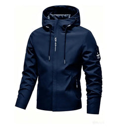 A men's hooded jacket in dark navy blue, featuring a front zipper, drawstring hood, and small white graphic text on the chest, displayed on a clean white background.