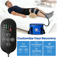 A man reclines on a white bed while wearing a leg compression bandage. The image also shows the blue and black compression device, a large black remote control, and blue informational panels with text about recovery settings.