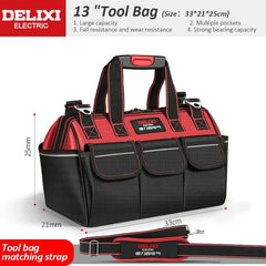 Red and black tool bag with dimensions and features on a white background