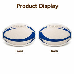 Product display showing two views of a white rugby ball with blue stripes, labeled 'Front' and 'Back' under the heading 'Product Display' on a white background.