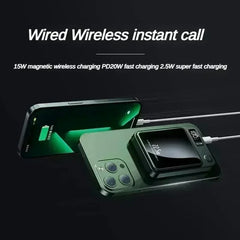 Green smartphone with charging cable on a black background, featuring text about wired and wireless charging.