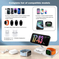 Compatibility chart for electronic devices including phones, watches, and earbuds with a charging station on a wooden surface.