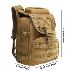 Tan backpack with multiple pockets and straps, shown with dimensions on a white background.